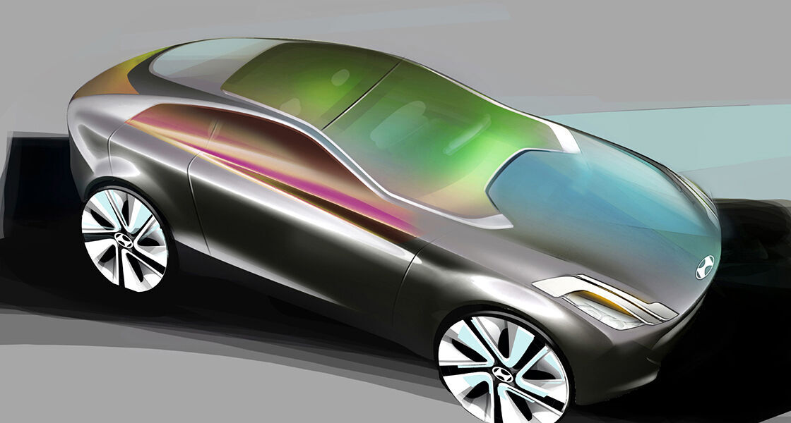 Concept design illustration of side front view of i-oniq from high view point with colorful colors on the top of the car