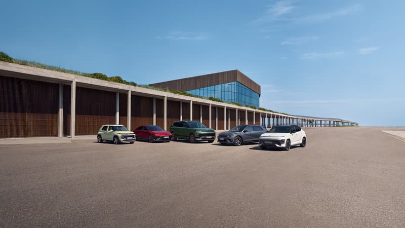 Rangebilde av Hyundai sine elbiler. Foto.