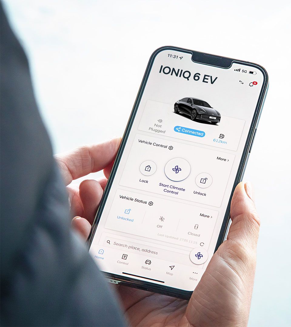 Hyundai Bluelink app interface for IONIQ 6 EV showing remote lock, climate control, and live vehicle status.