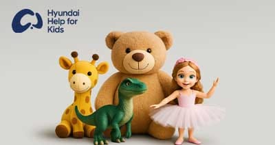 A heartwarming hero image featuring a group of playful toys, a teddy bear, giraffe, dinosaur, and ballerina doll; symbolizing Hyundai’s commitment to supporting children through the ‘Hyundai Help for Kids’ initiative.”