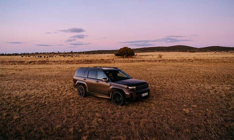 Hyundai Santa Fe SUV parked in a grassy field at sunset