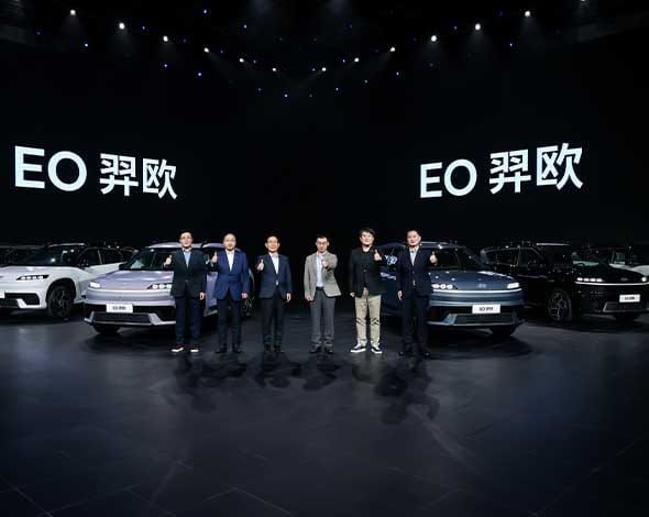 Hyundai ELEXIO electric SUV in a dramatic blue-lit setting, showcasing futuristic design, bold contours, and advanced EV styling.  6 of 6 assets