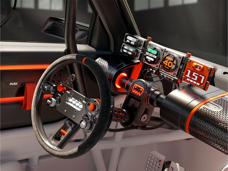 The INSTEROID concept car interior blends futuristic design with cutting-edge tech, featuring a sleek dashboard, digital displays, and bold orange accents for a high-tech driving experience.