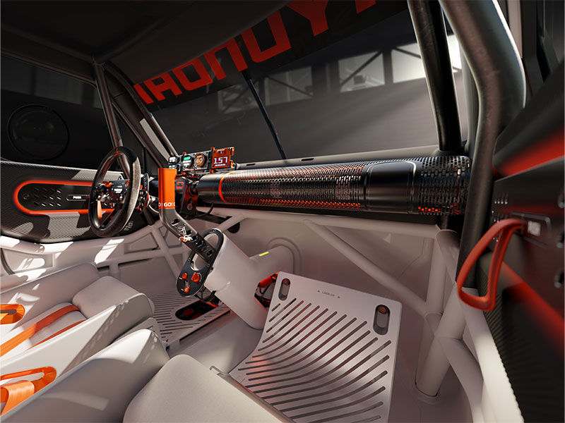 Futuristic Hyundai INSTEROID concept car interior with sleek digital displays and bold orange accents