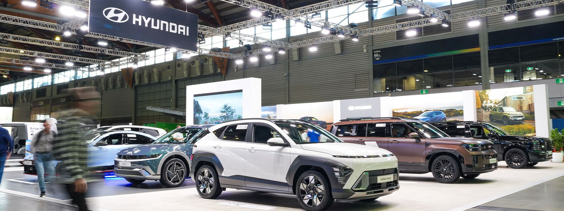 Hyundai's exhibition stand at the 2026 Everything Electric festival in Sydney, showcasing EVs such as the KONA Hybrid and IONIQ 9.