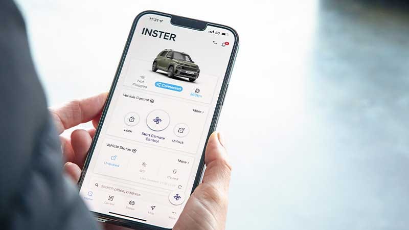 Manage your Hyundai INSTER remotely with the Bluelink app, offering convenient access to vehicle status, climate control, lock and unlock functions directly from your smartphone.