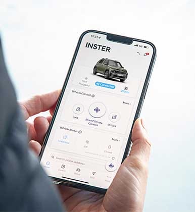 Manage your Hyundai INSTER remotely with the Bluelink app, offering convenient access to vehicle status, climate control, lock and unlock functions directly from your smartphone.