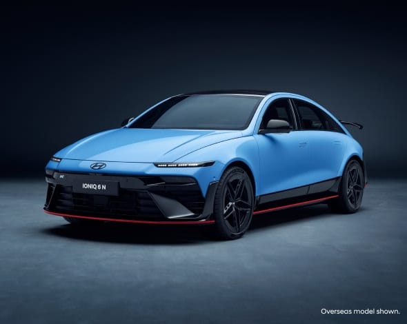 A front view of a blue Hyundai Ioniq 6 N, an electric performance car