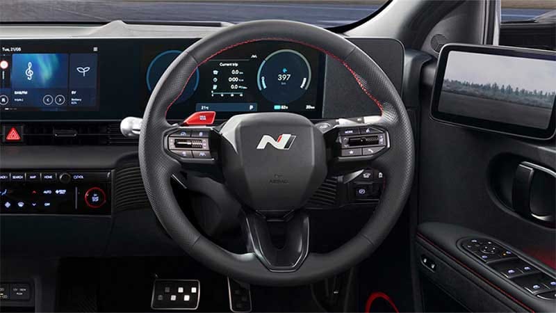 IONIQ 5 N Line interior featuring a steering wheel accented with red stitching.