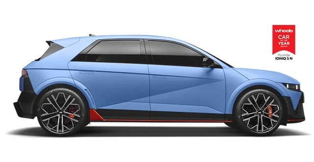 Hyundai IONIQ 5 N side profile with wheels car of the year award logo.