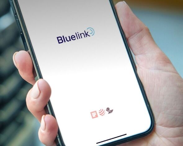 A smartphone screen displays bluelink app
