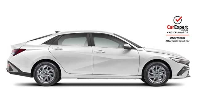 Hyundai i30 Sedan Hybrid with the car expert award logo embedded.