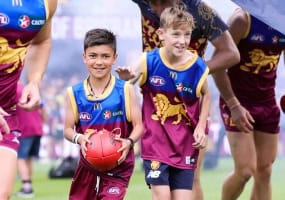 Young Brisbane Lions fans take the field in support of Hyundai Help for Kids—an initiative by Hyundai and its dealers providing vital community, medical, and vehicle assistance to young Australians and their families.