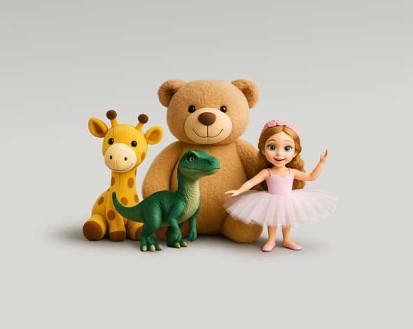 A playful collection of children’s toys, including a teddy bear, ballerina doll, dinosaur, and giraffe representing the warmth and support of Hyundai Help for Kids.