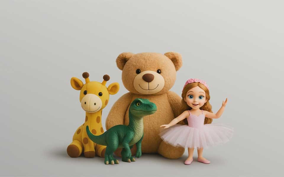 Playful children's toys featuring a teddy bear, giraffe, dinosaur and ballerina, highlighting Hyundai Help for Kids' commitment to supporting children's wellbeing and community initiatives.