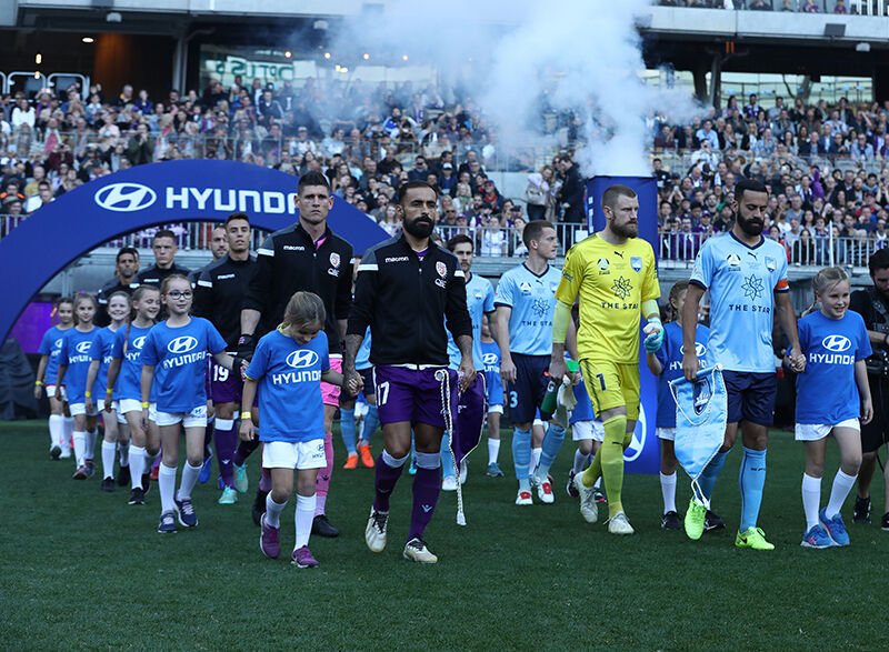 PERTH, AUSTRALIA - MAY 19: The teams head out during the 2019 A-League Grand Final match between the Perth Glory and Sydney FC at Optus Stadium on May 19, 2019 in Perth, Australia. (Photo by Robert Cianflone/Getty Images)
