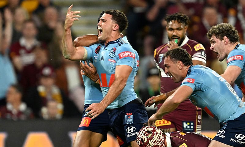 NSW Rugby League players compete during a high-intensity match, highlighting Hyundai's sponsorship and support of grassroots and elite rugby league across New South Wales.