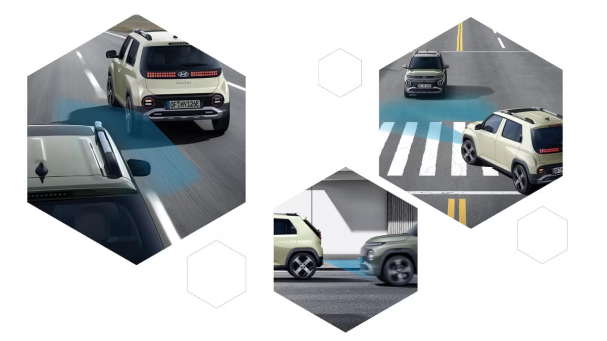 Tres iconos que muestran el nuevo coche eléctrico pequeño Hyundai INSTER.