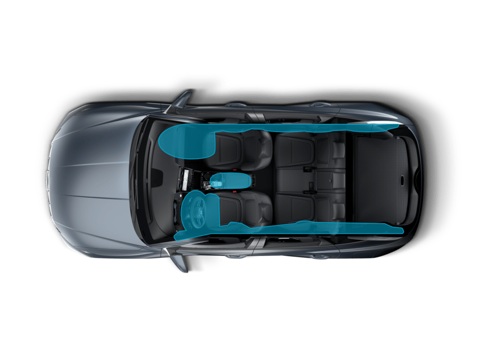 Imagen a vista de pájaro del Hyundai TUCSON en la que destaca el sistema de siete airbags. 