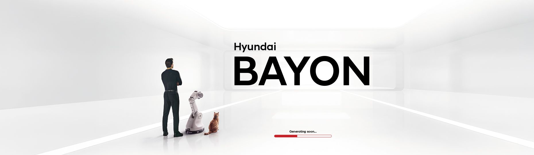 Hyundai BAYON intelligent SUV launch teaser showcasing a futuristic white digital space with a human figure, robotic arm, and cat observing the BAYON name reveal, highlighting Hyundai's vision for innovation and intelligent mobility in India