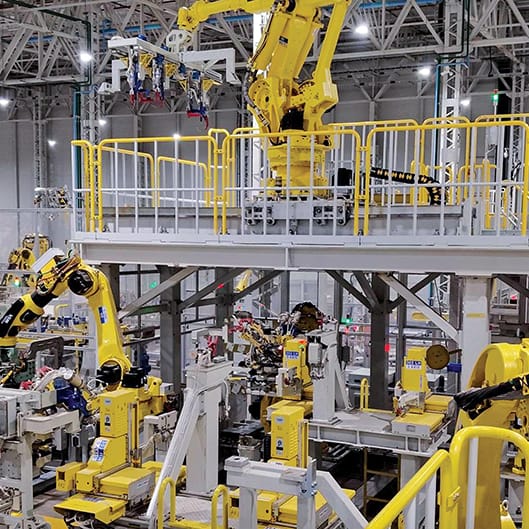 Robotic arms at work in the Hyundai body shop