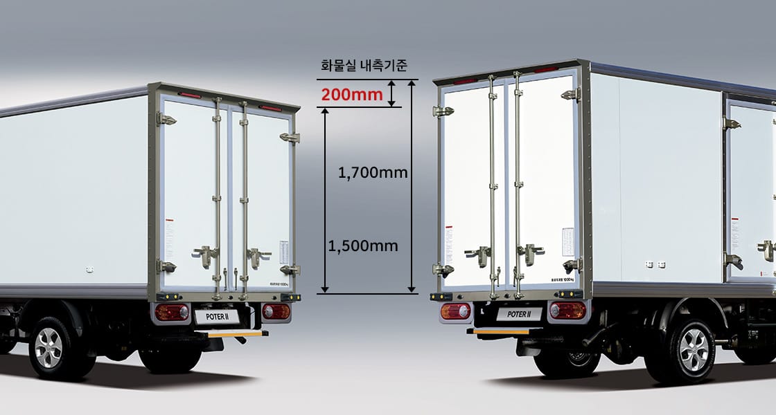 냉장탑차와 하이냉장탑차 비교 - 화물실 내측기준 냉장탑차 1,500mm/하이냉동탑차 1,700mm(200mm 차이)