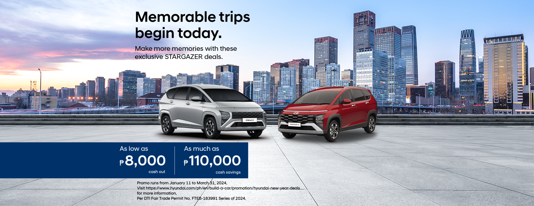 two hyundai stargazer vehicles in a skyline background with sales promo details