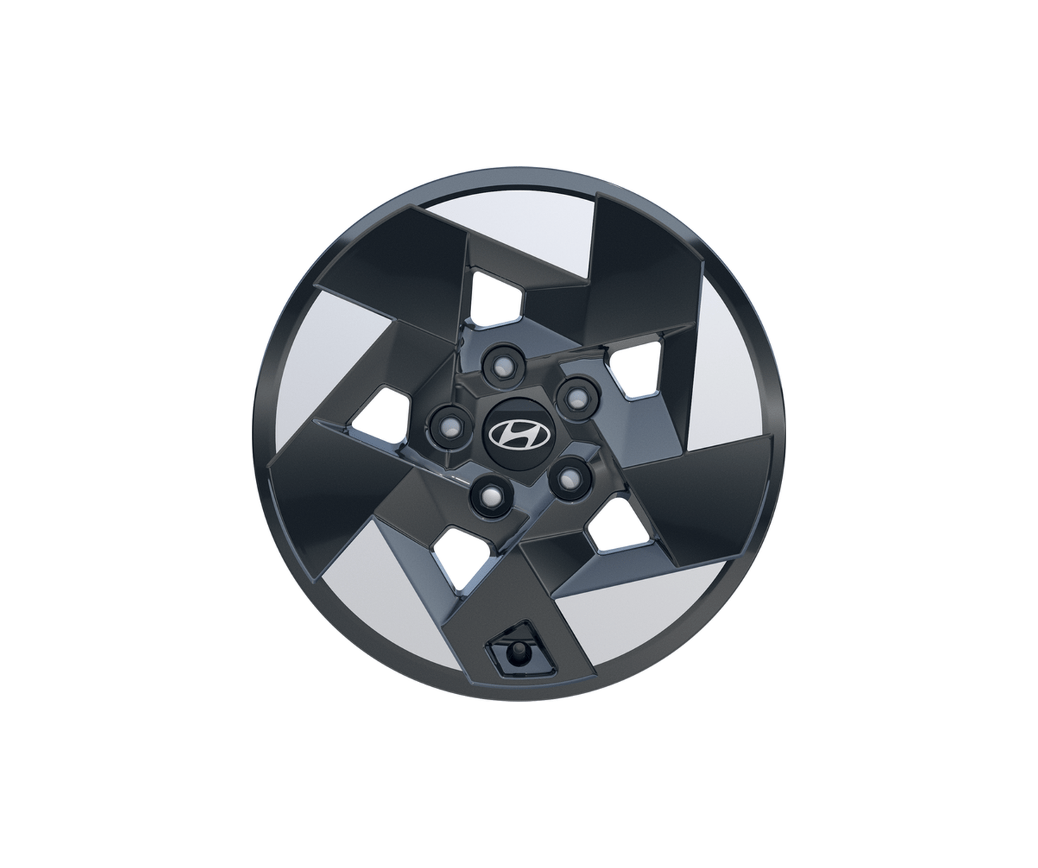 Nahaufnahme eines 16-Zoll Leichtmetallrads am Hyundai IONIQ 3 in der Außenfarbe „Ice Blue Pearl“.
