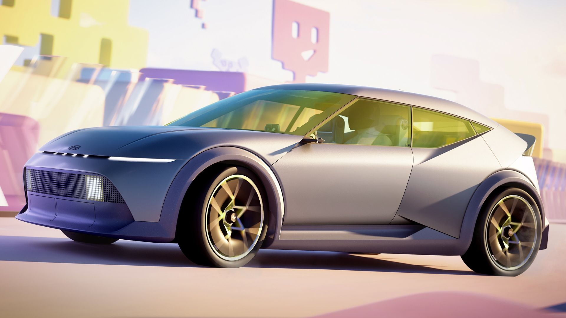 Hyundai Concept THREE kjører på en futuristisk bane omgitt av fargerike strukturer og pikselkunst. Illustrasjon.