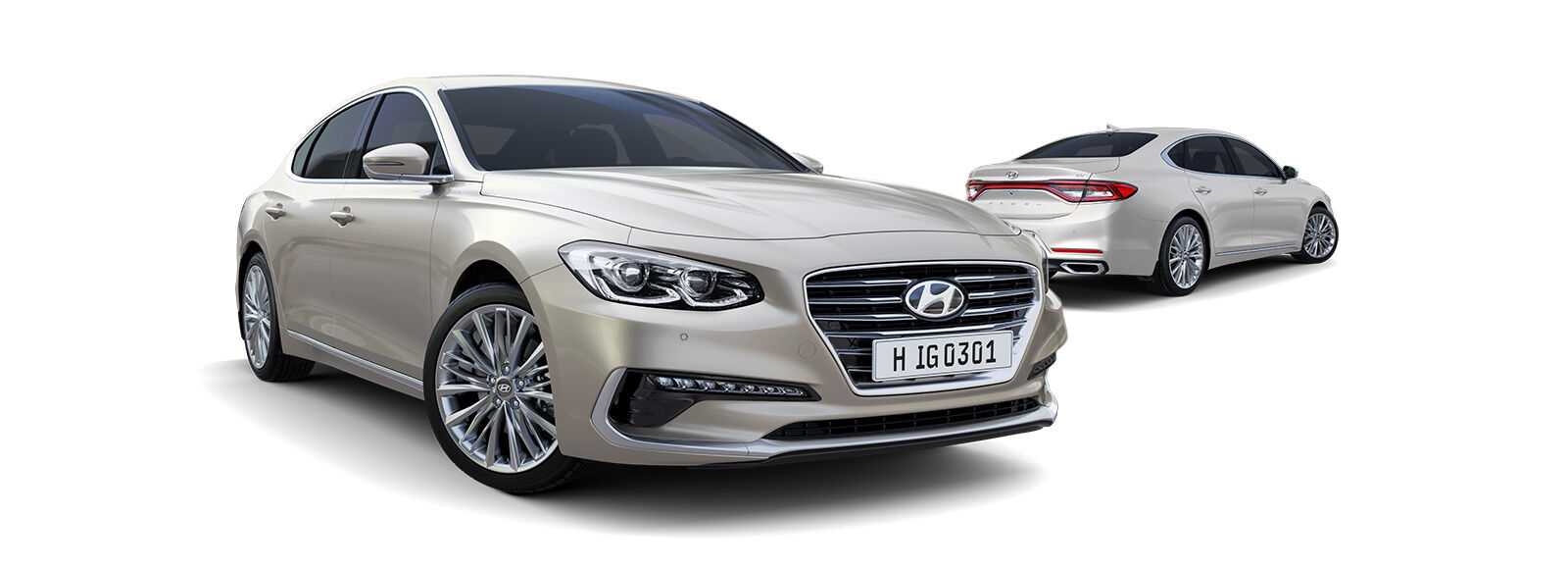 Side view of beige Azera in front and beige Azera parked behind