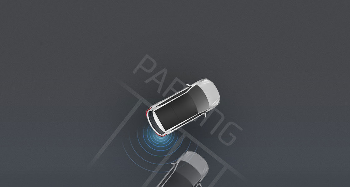 Top view of white Creta parking with rear parking sensors
