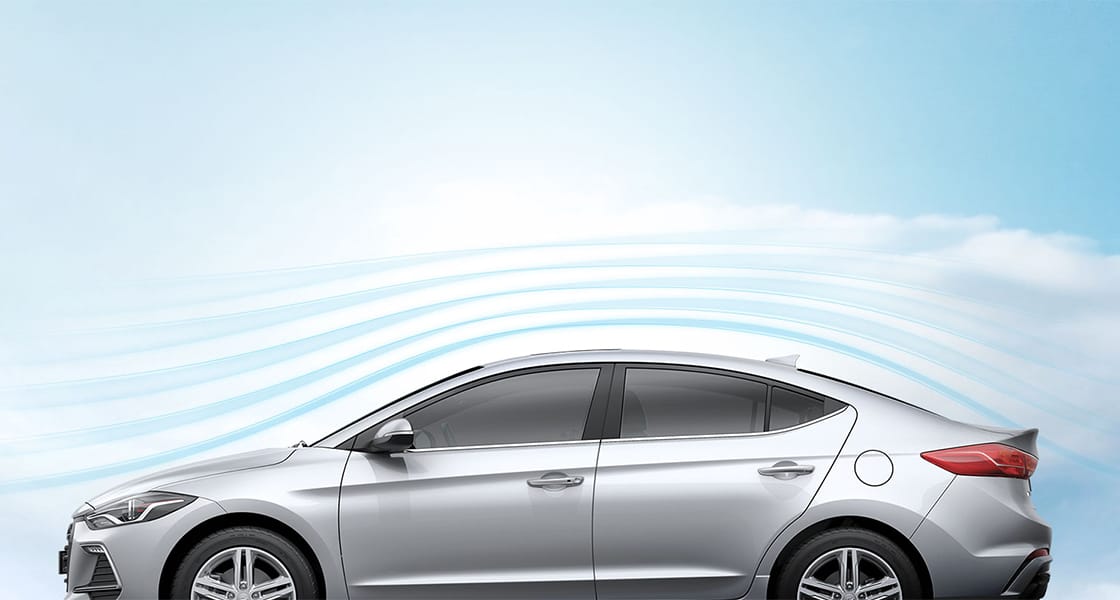 Aerodynamic graphic around silver Elantra Sport's exterior