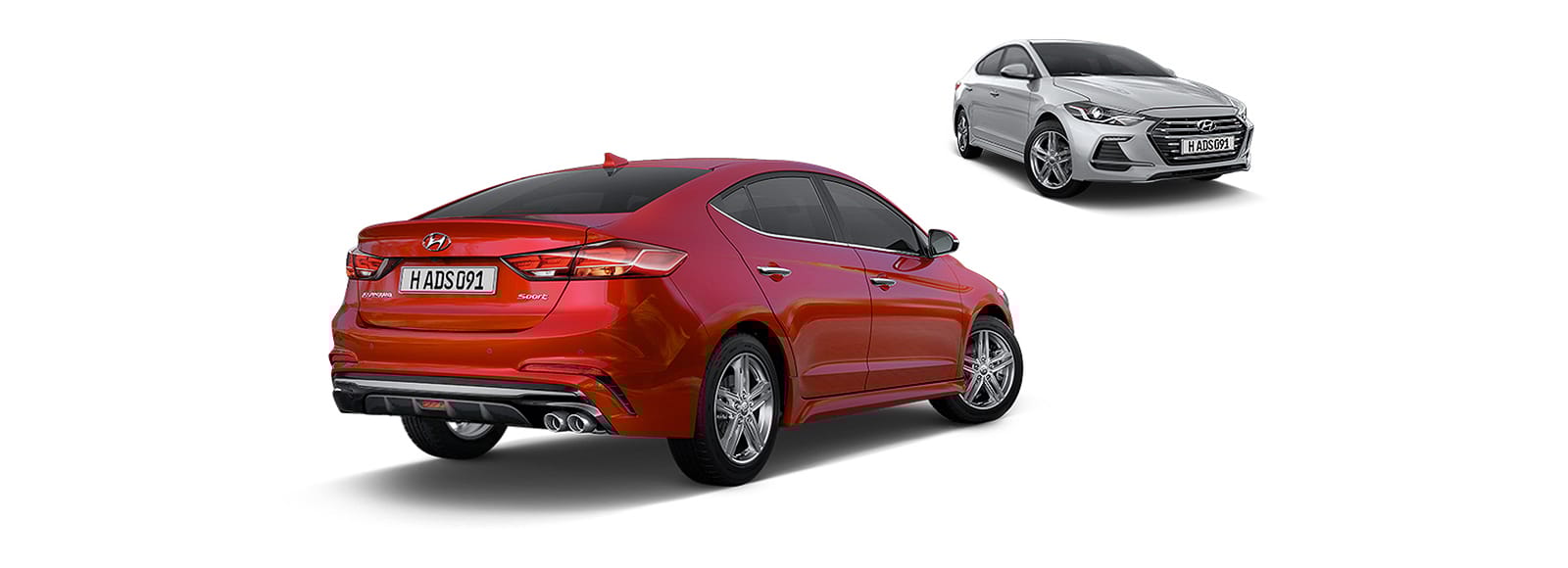 Side rear view of red Elantra Sport in front and silver Elantra Sport at the back