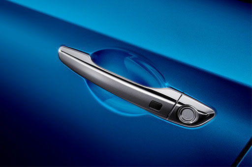 Closer view of chrome-coated outside handle on blue Elantra