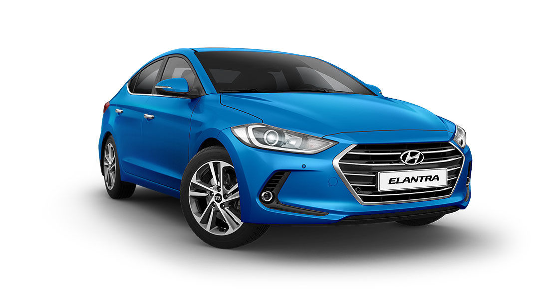 Right side front view of blue Elantra