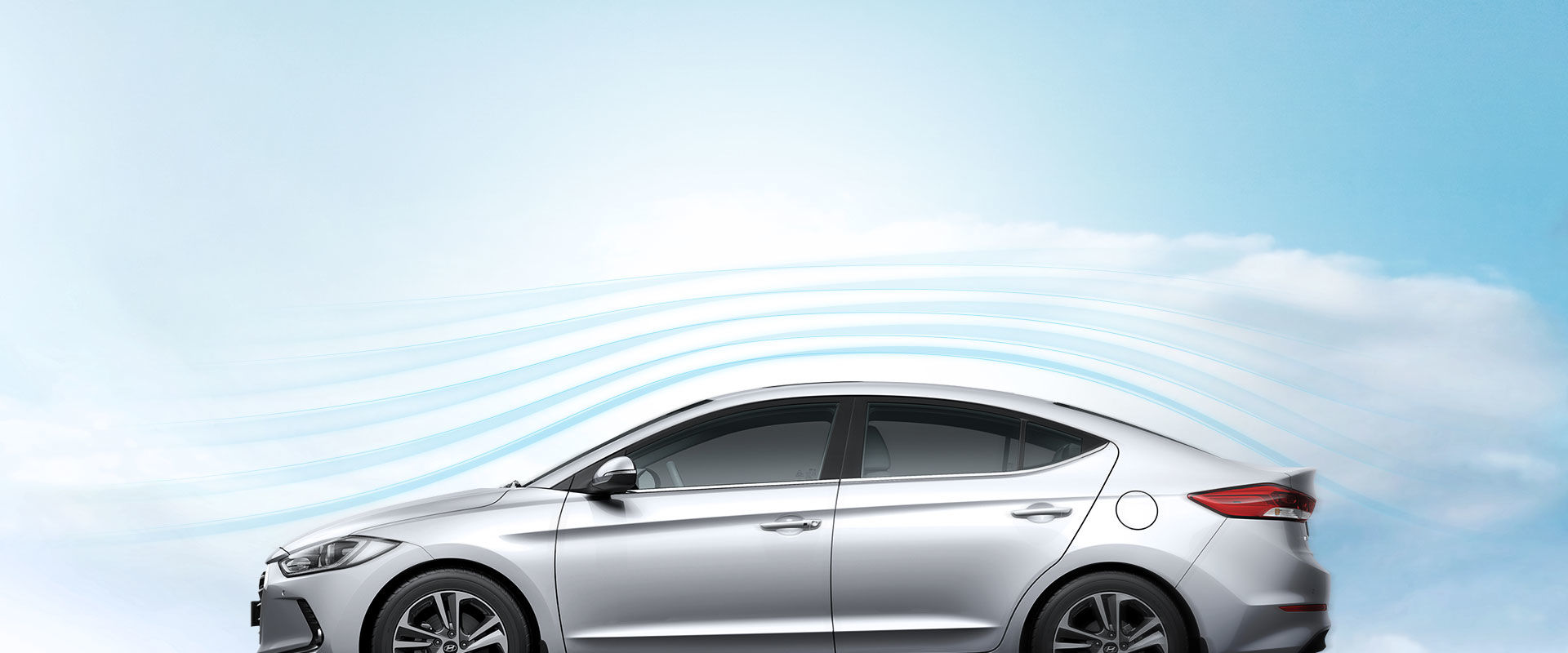 رسم تصويري ديناميكي هوائي حول الجزء الخارجي لسيارة إلنترا فضية اللون