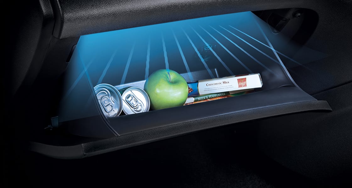 Objects stored in the glove box with blue lighting
