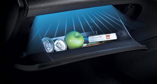 Objects stored in the glove box with blue lighting