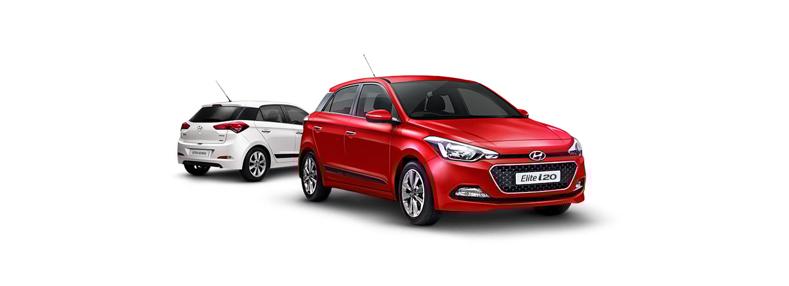 Side front view of red Elite i20 in front and white Elite i20 at the back