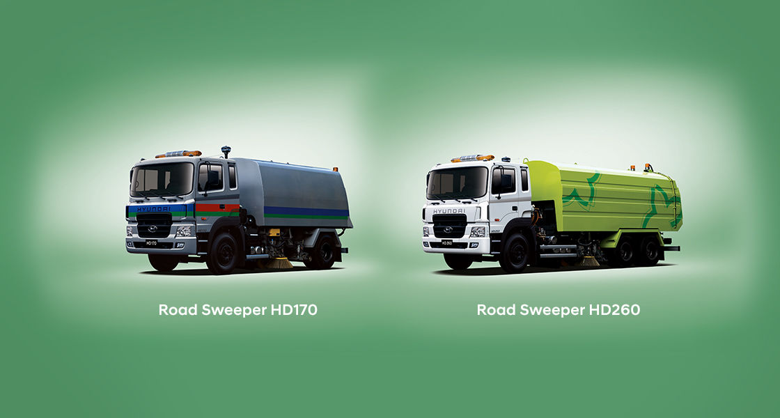HD170 blue road sweeper and HD260 green road sweeper