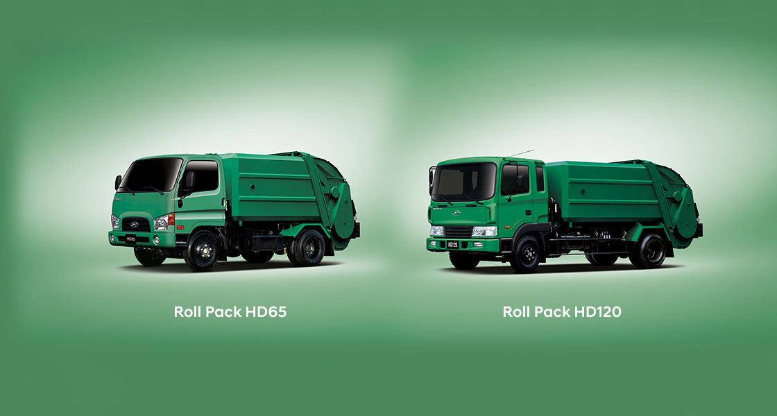 roll pack truck's 2 types image: long body HD120 and short body HD65