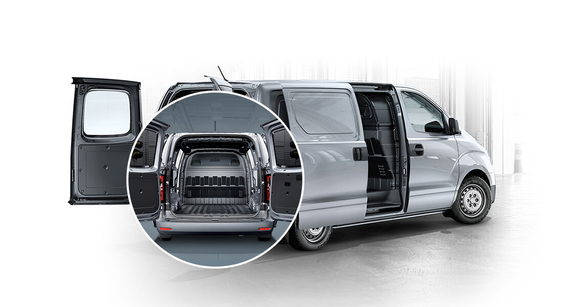 Rear view of ultimate multipurpose van with the doors open and highlight shot of it's trunk