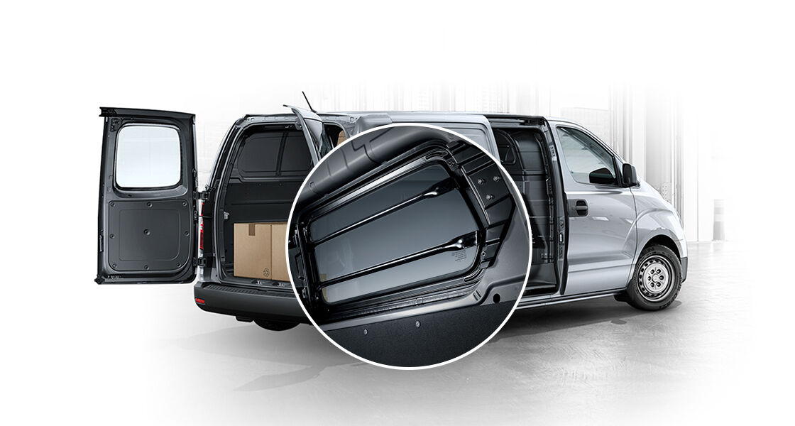 Rear view of ultimate multipurpose van with the doors open and highlight shot of side guard bar