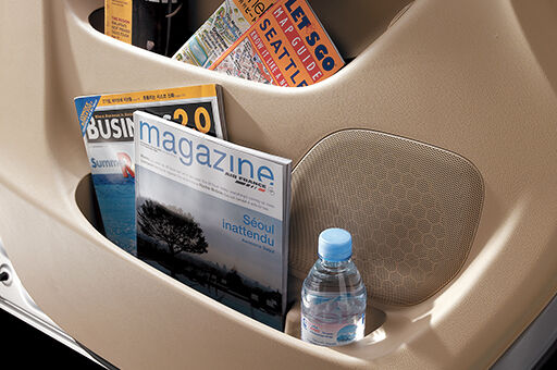 Two books and a water bottle is in the storage bag behind front seat