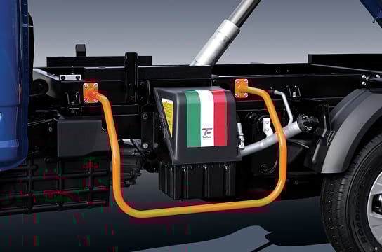 Close-up photo of the dump truck’s battery