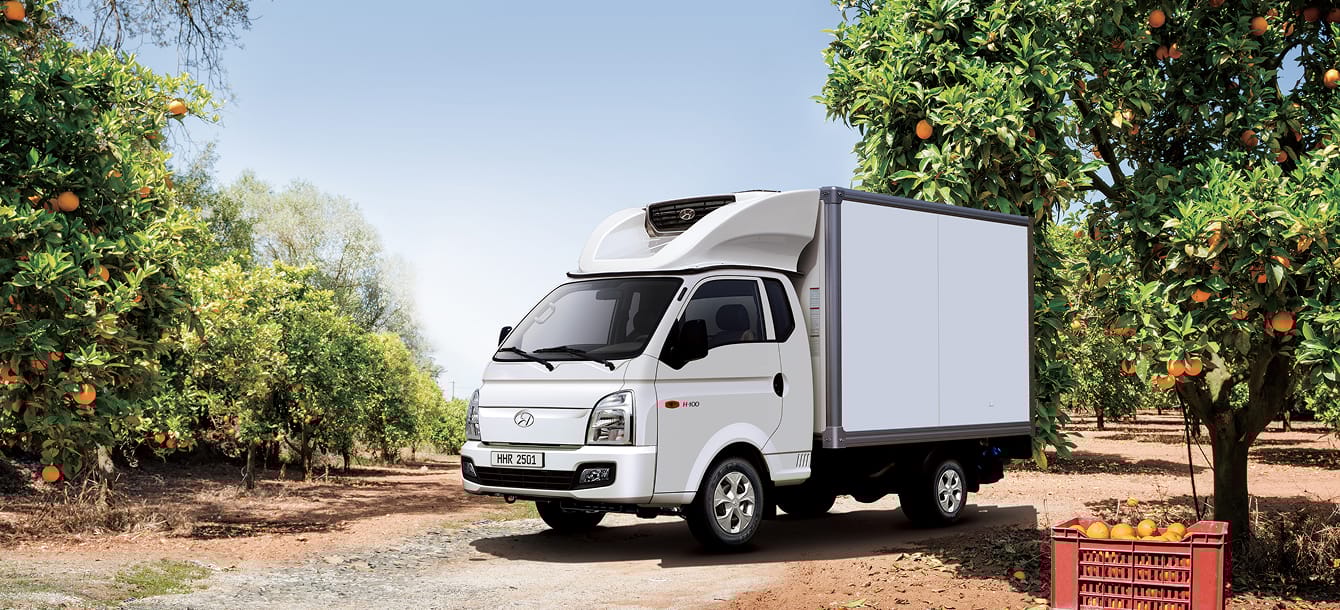 A Refrigerator Truck parked next to a tree in an orange grove, with boxes of harvested oranges stacked beside it.