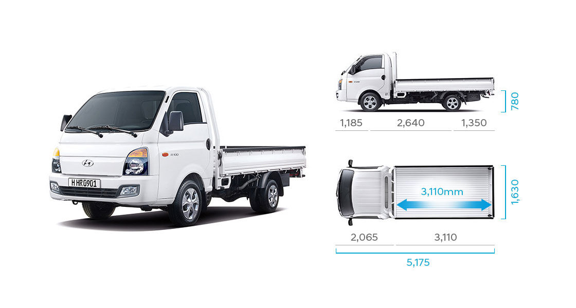 H-100's side and top view illustration with those size describing extra long wheel base standard cab (low type rear deck)