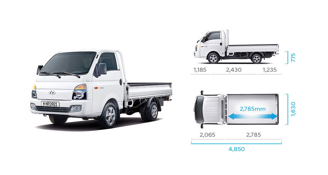 H-100's side and top view illustration with those size describing long wheel base standard cab(low type rear deck)