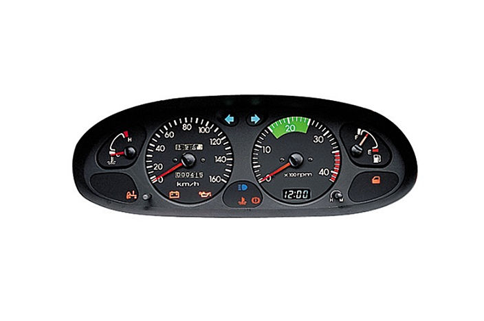 image of cluster including speedometer, RPM, gauges and warning lights