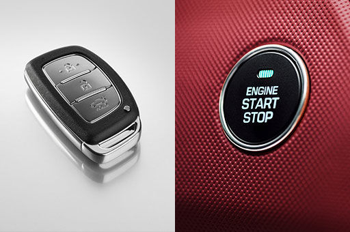 Smart key on the left and engine start and stop button on the right